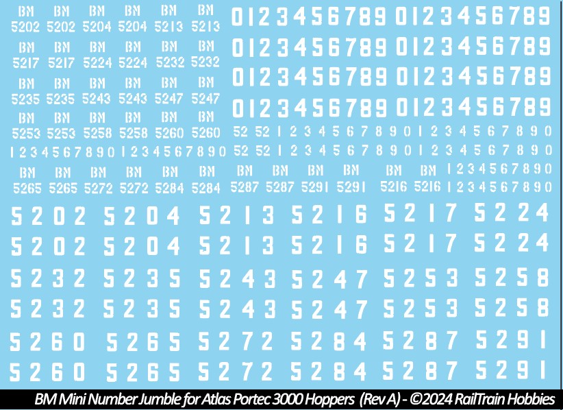 Decals: Mini Number Jumble set for Boston & Maine Atlas Portec 3000 Covered Hoppers