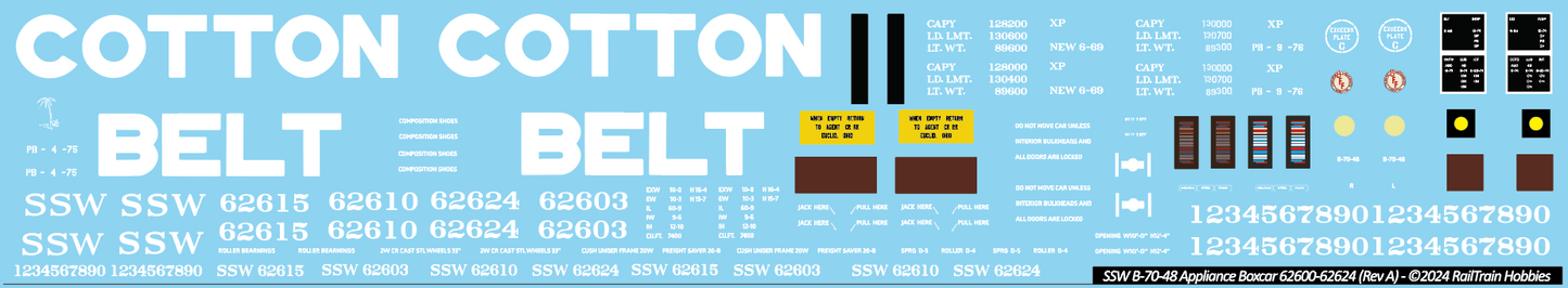 Decals: Cotton Belt SSW B-70-48 Appliance 60-foot Boxcar