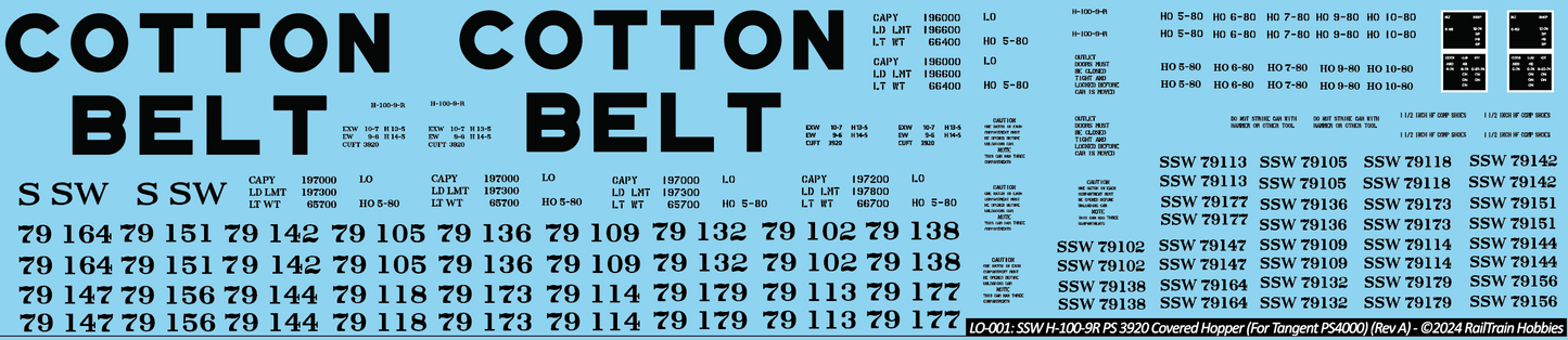 Decals: Cotton Belt SSW H-100-9-R - PS3920 CuFt Covered Hopper