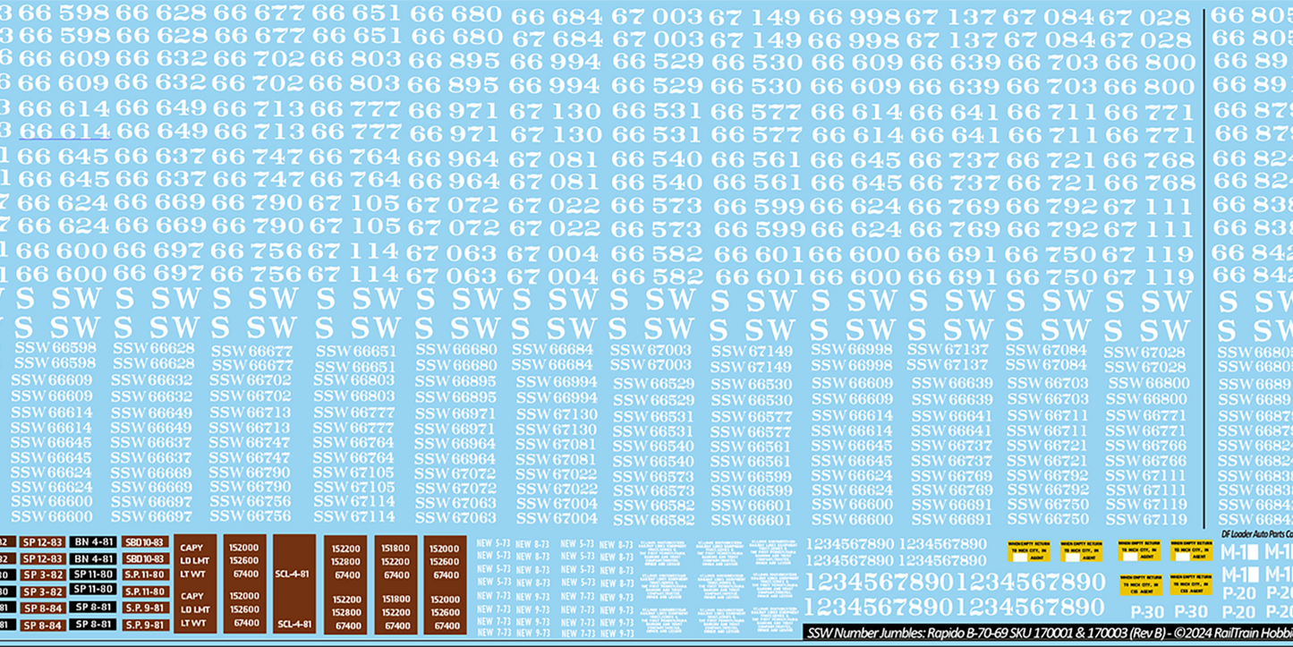 Decals: Number Jumbles for Rapido SSW B-70-69 Boxcars Set #1 (Rapido SKU 170001)